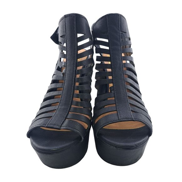 Speed Limit 98 Womens Black Peep Toe Caged Platform Chunky Heel Sandal Shoes 6.5 - Picture 2 of 11